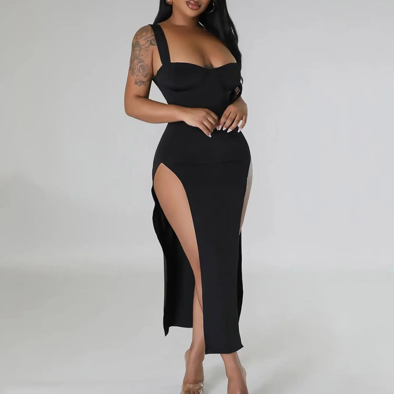Women Sexy High Split Dress Square Neck Sleeveless Strappy Dresses Ladies Trendy Y2K Bodycon Slit Wrap