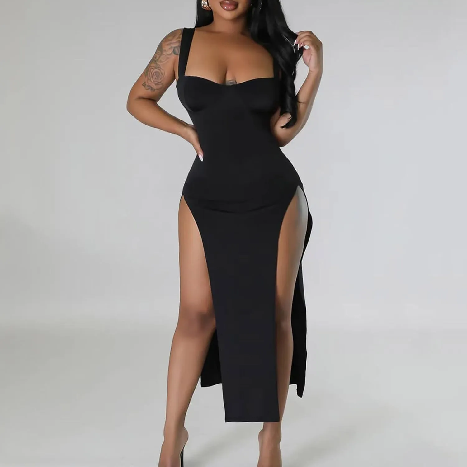 Women Sexy High Split Dress Square Neck Sleeveless Strappy Dresses Ladies Trendy Y2K Bodycon Slit Wrap