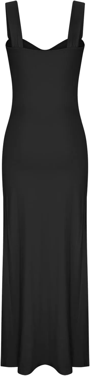Women Sexy High Split Dress Square Neck Sleeveless Strappy Dresses Ladies Trendy Y2K Bodycon Slit Wrap