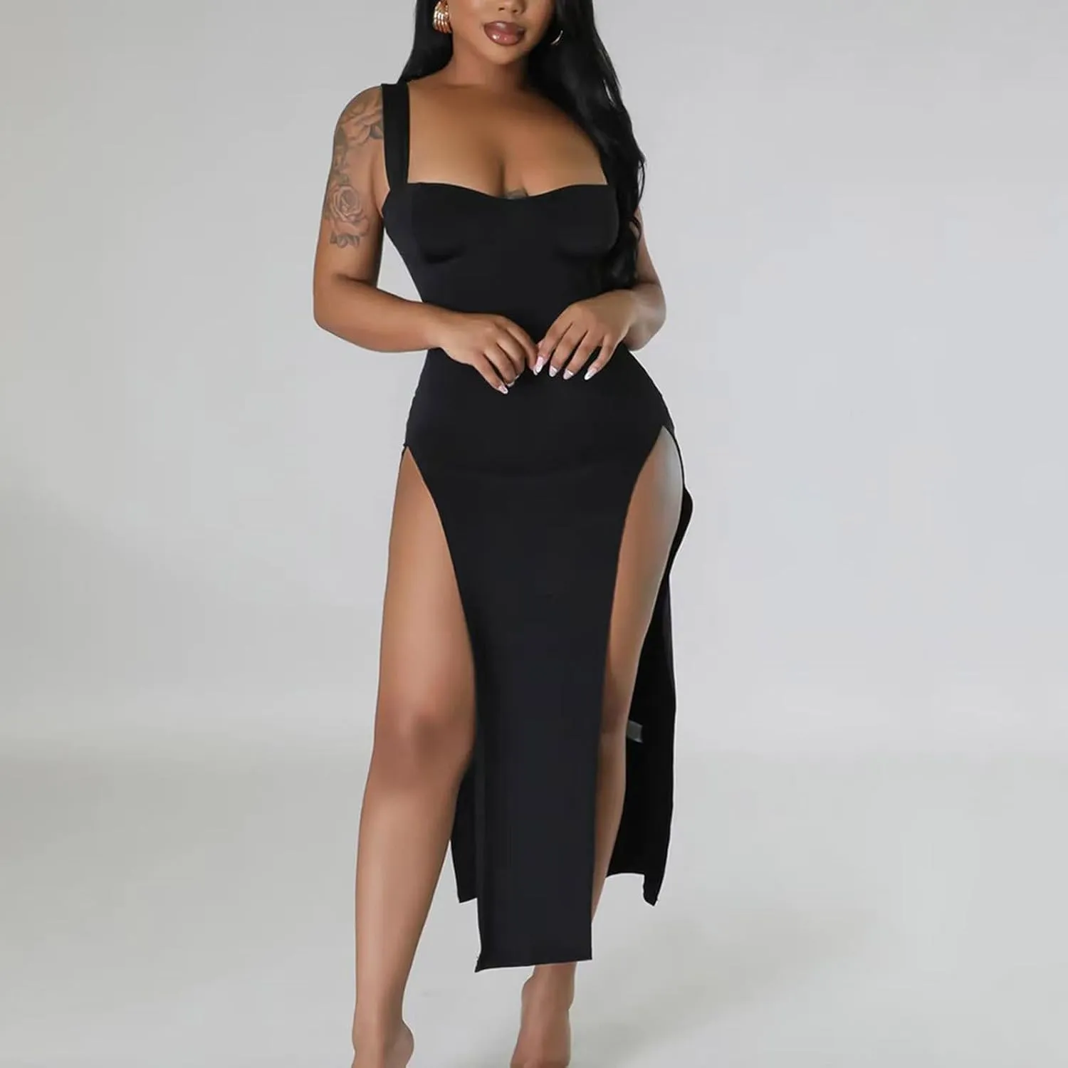 Women Sexy High Split Dress Square Neck Sleeveless Strappy Dresses Ladies Trendy Y2K Bodycon Slit Wrap