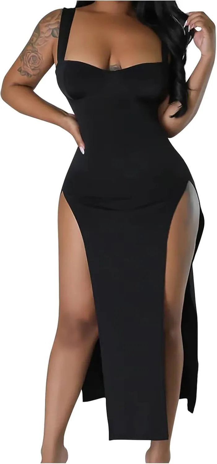 Women Sexy High Split Dress Square Neck Sleeveless Strappy Dresses Ladies Trendy Y2K Bodycon Slit Wrap