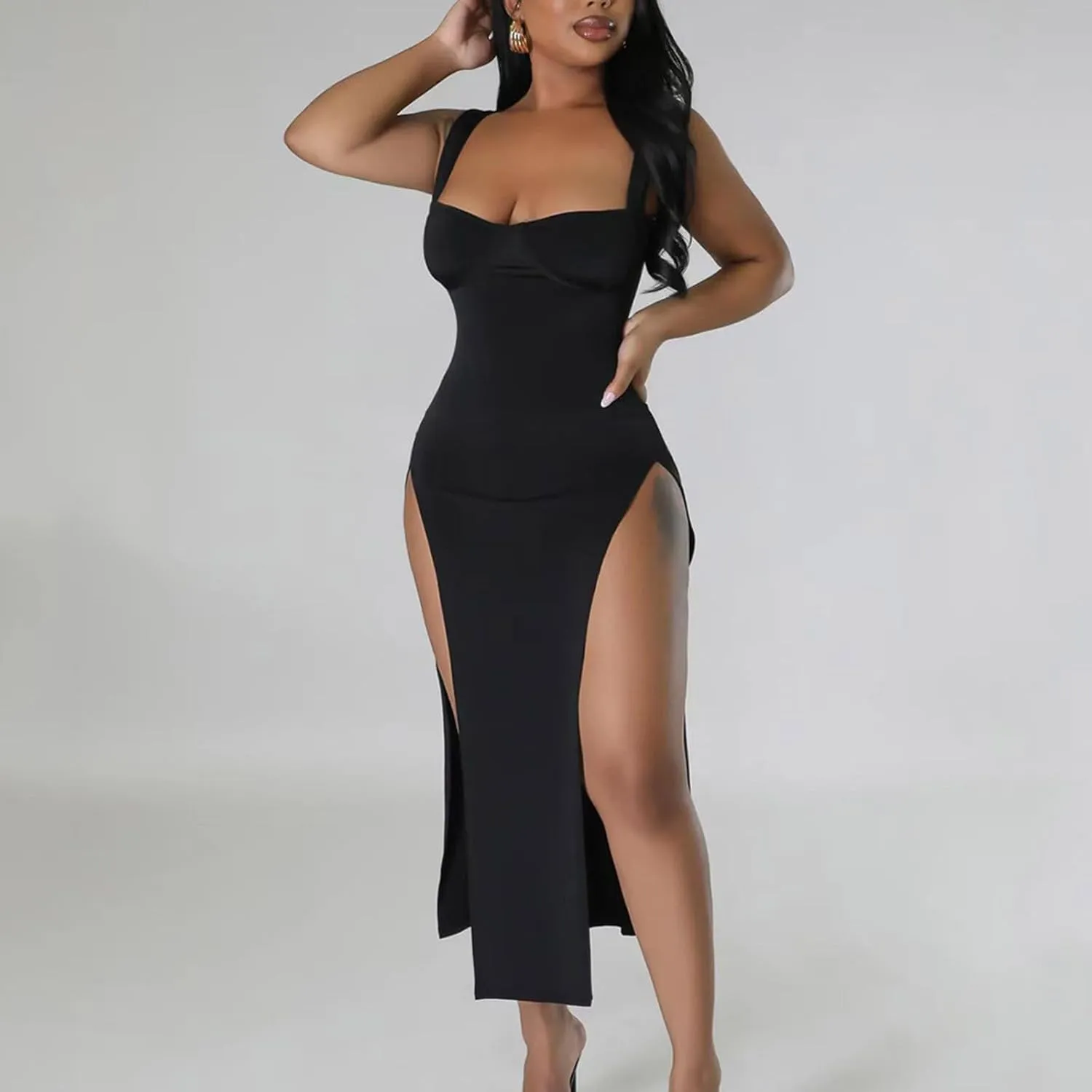 Women Sexy High Split Dress Square Neck Sleeveless Strappy Dresses Ladies Trendy Y2K Bodycon Slit Wrap