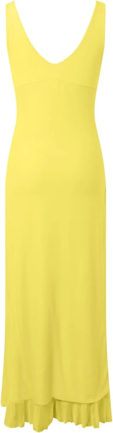 Women Sexy V Neck Sleeveless Mesh Ruffle Hem Bodycon Maxi Casual Backless High Slit Cocktail Casual Long Dress