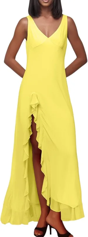 Women Sexy V Neck Sleeveless Mesh Ruffle Hem Bodycon Maxi Casual Backless High Slit Cocktail Casual Long Dress