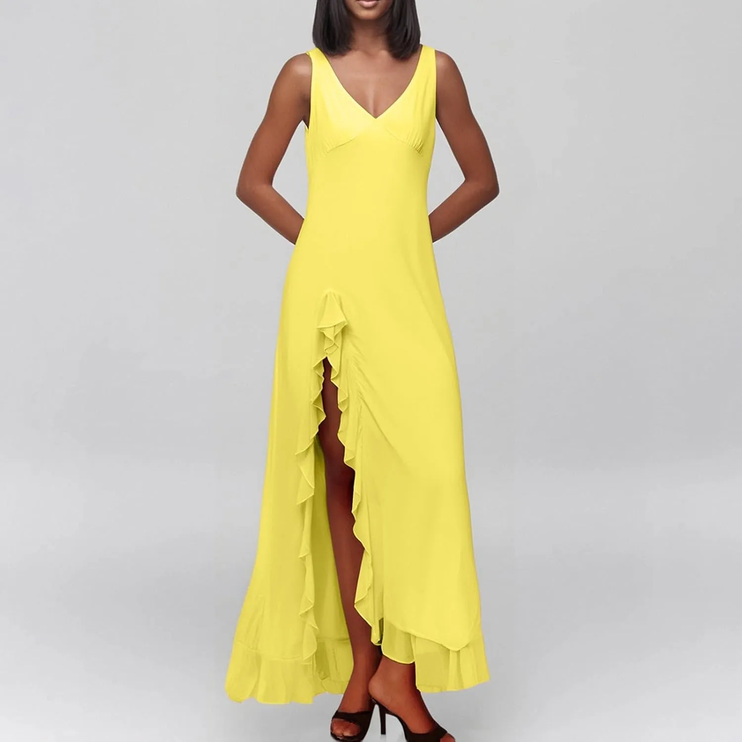 Women Sexy V Neck Sleeveless Mesh Ruffle Hem Bodycon Maxi Casual Backless High Slit Cocktail Casual Long Dress
