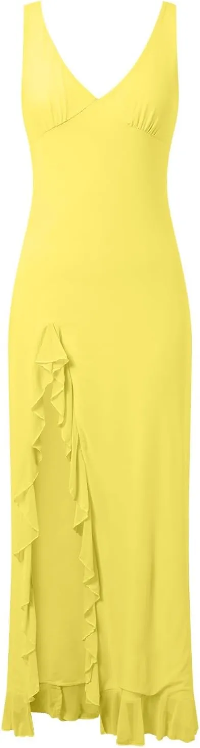 Women Sexy V Neck Sleeveless Mesh Ruffle Hem Bodycon Maxi Casual Backless High Slit Cocktail Casual Long Dress