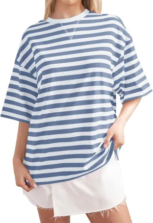 Women Striped Oversized T-Shirts Color Block Crew Neck Short Sleeve Shirt Casual Pullover Top Summer Clothes