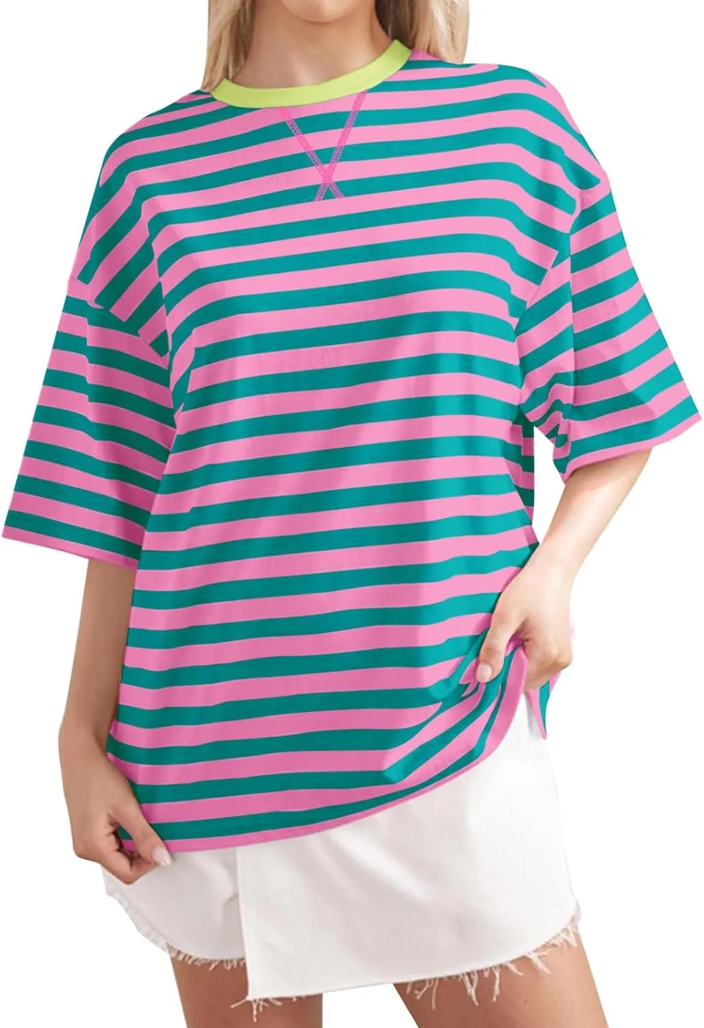 Women Striped Oversized T-Shirts Color Block Crew Neck Short Sleeve Shirt Casual Pullover Top Summer Clothes