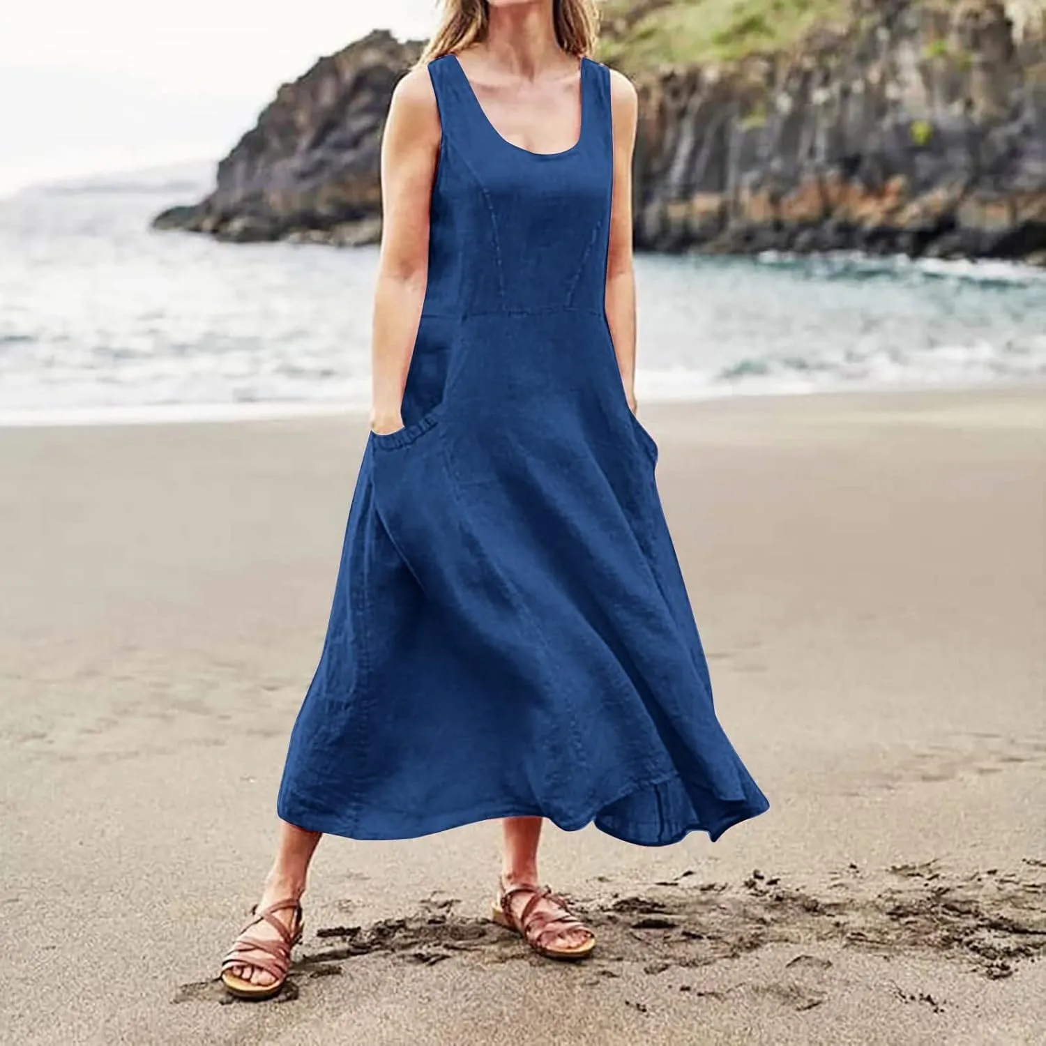 Women Summer Casual Dress 2025 Women's Summer Casual Sleeveless Long Maxi Beach Dress Plus Size Cotton Sundress Sun