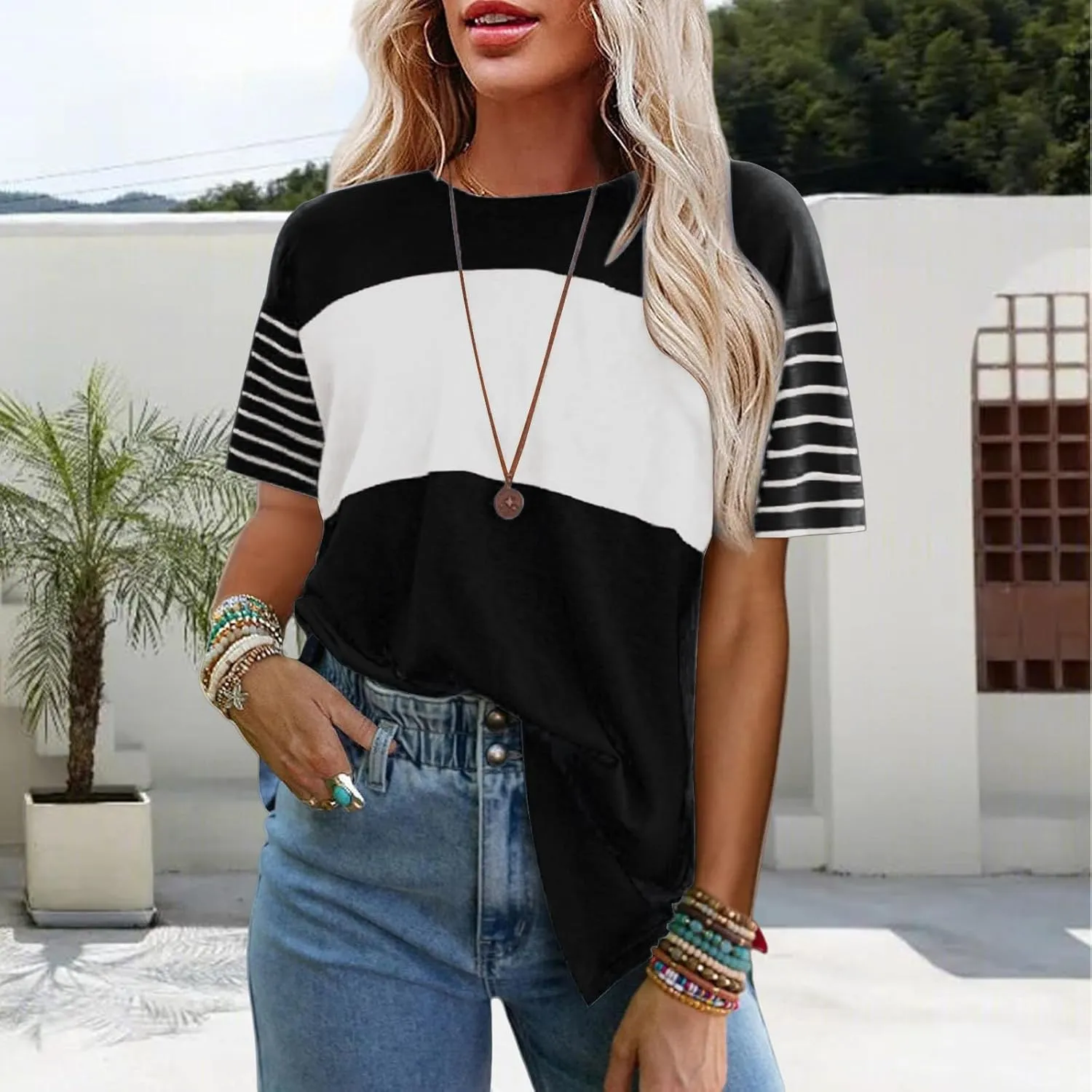 Women Summer Casual Shirts Short Sleeve Striped Loose Crewneck Color Block Tops Vacation Trendy Tshirts Tee Blouses
