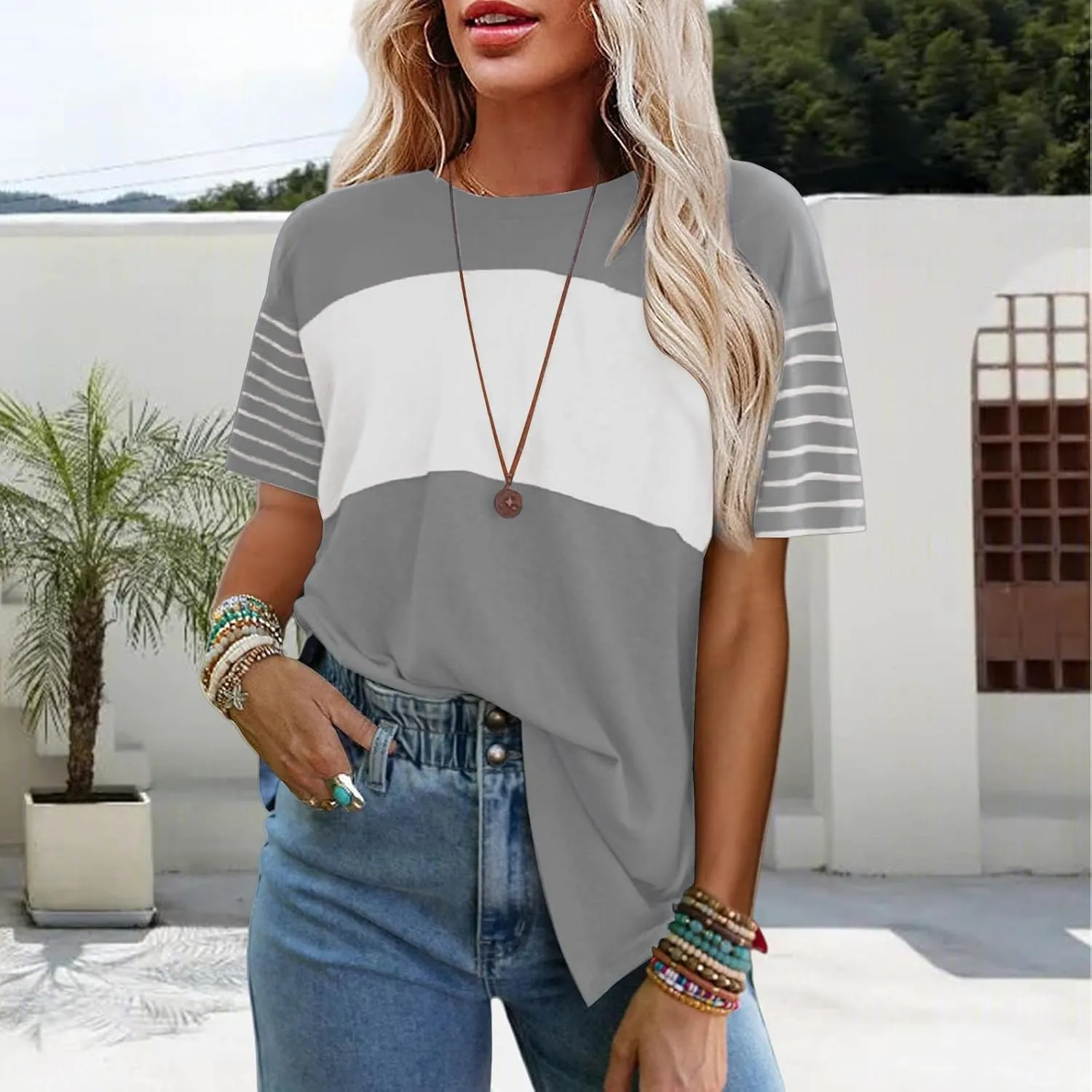 Women Summer Casual Shirts Short Sleeve Striped Loose Crewneck Color Block Tops Vacation Trendy Tshirts Tee Blouses