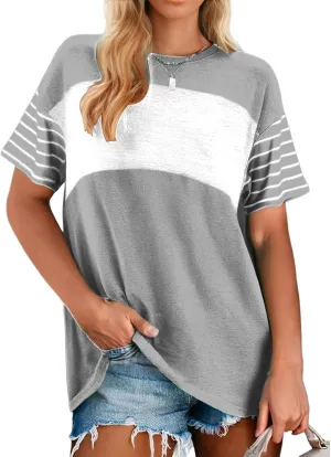 Women Summer Casual Shirts Short Sleeve Striped Loose Crewneck Color Block Tops Vacation Trendy Tshirts Tee Blouses