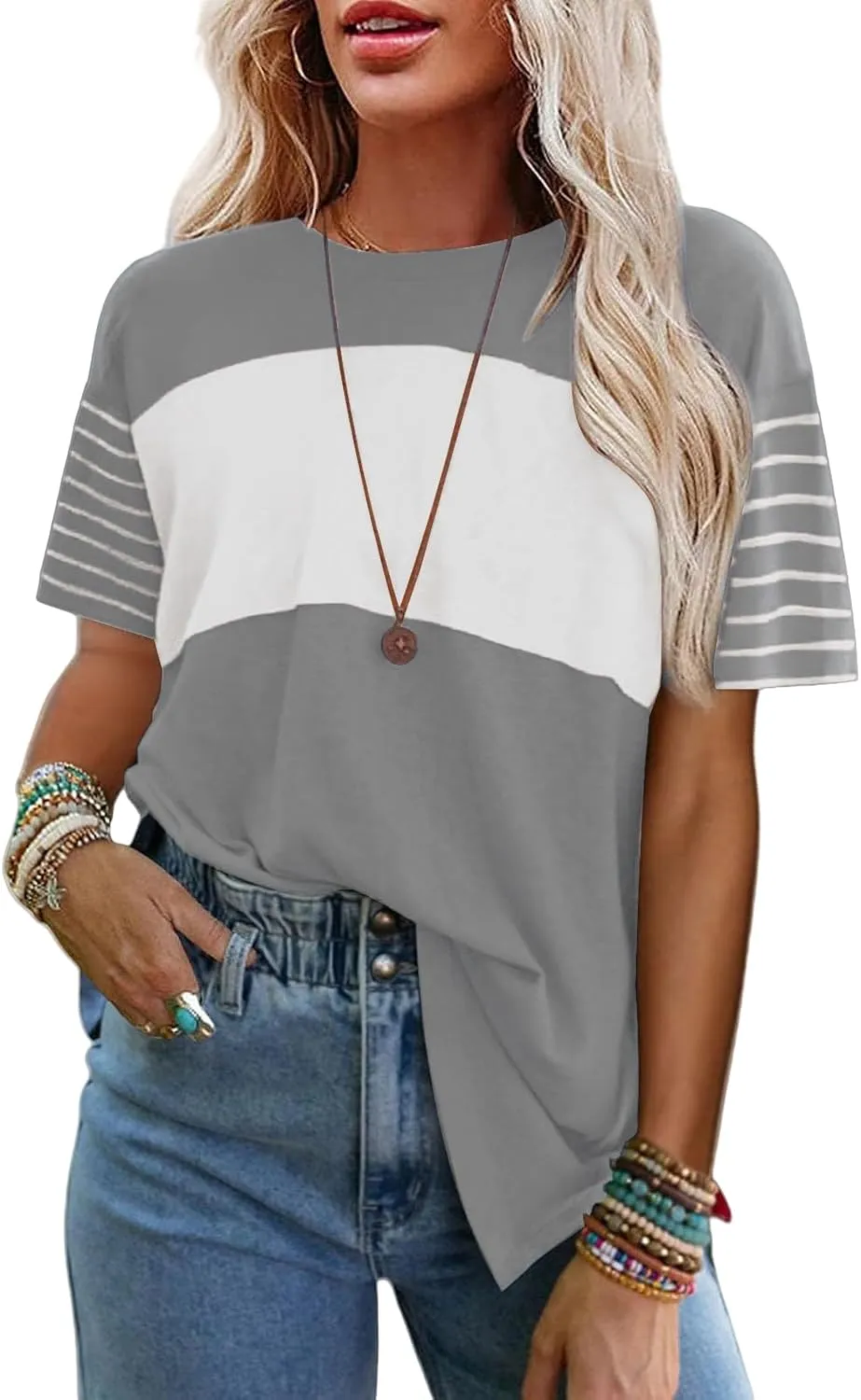Women Summer Casual Shirts Short Sleeve Striped Loose Crewneck Color Block Tops Vacation Trendy Tshirts Tee Blouses