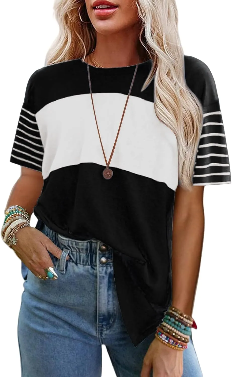 Women Summer Casual Shirts Short Sleeve Striped Loose Crewneck Color Block Tops Vacation Trendy Tshirts Tee Blouses