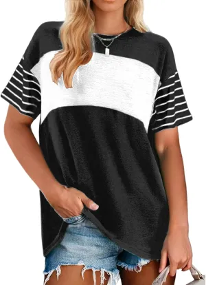 Women Summer Casual Shirts Short Sleeve Striped Loose Crewneck Color Block Tops Vacation Trendy Tshirts Tee Blouses
