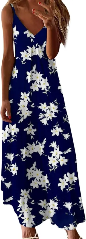 Women Summer Casual Short Sleeve Dresses Long Skirt Casual Flower Sleeveless Flutter Short Sleeve V Neck Button Down