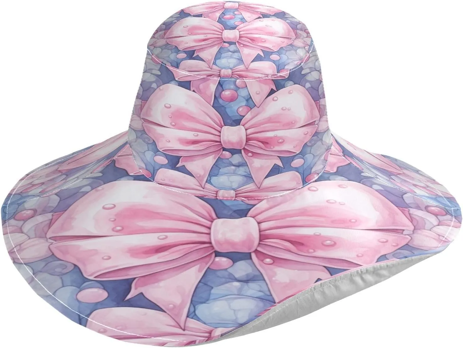 Women Wide Brim Sun Hat Pink Bows UV Protection Outdoor Hat Foldable Summer Sun Hats for Travel Beach Hiking Fishing