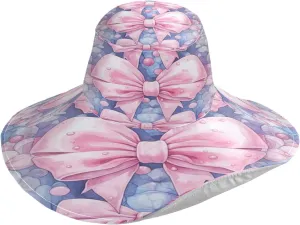 Women Wide Brim Sun Hat Pink Bows UV Protection Outdoor Hat Foldable Summer Sun Hats for Travel Beach Hiking Fishing