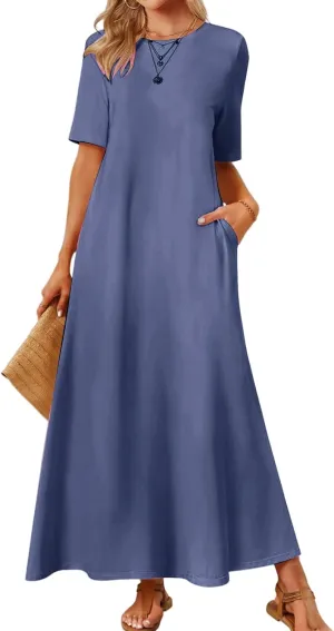 Women's 2025 Summer Casual Maxi Dress Casual Loose Beach Tshirt Dresses Short Sleeve Long Dresses Flowy Swing Dress