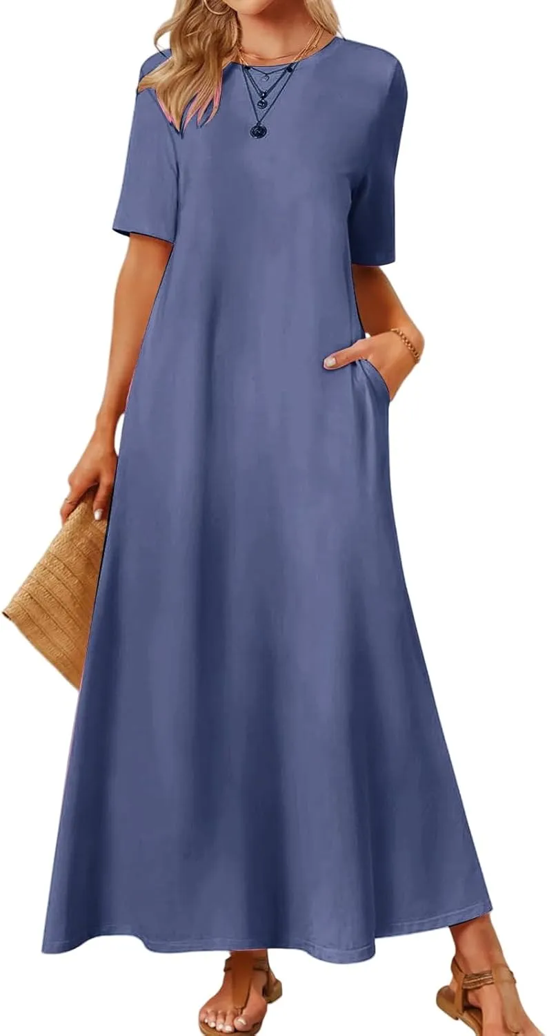 Women's 2025 Summer Casual Maxi Dress Casual Loose Beach Tshirt Dresses Short Sleeve Long Dresses Flowy Swing Dress
