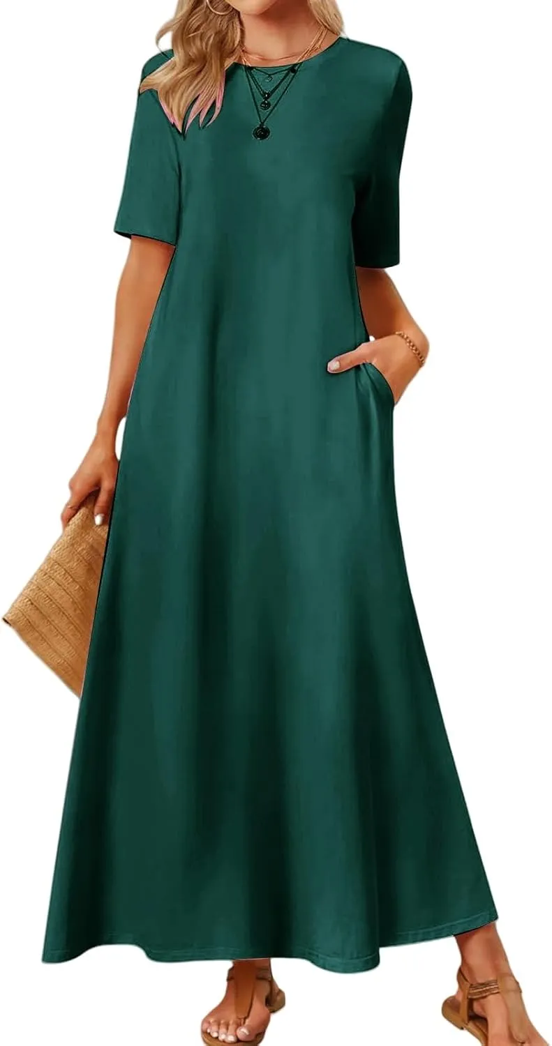 Women's 2025 Summer Casual Maxi Dress Casual Loose Beach Tshirt Dresses Short Sleeve Long Dresses Flowy Swing Dress