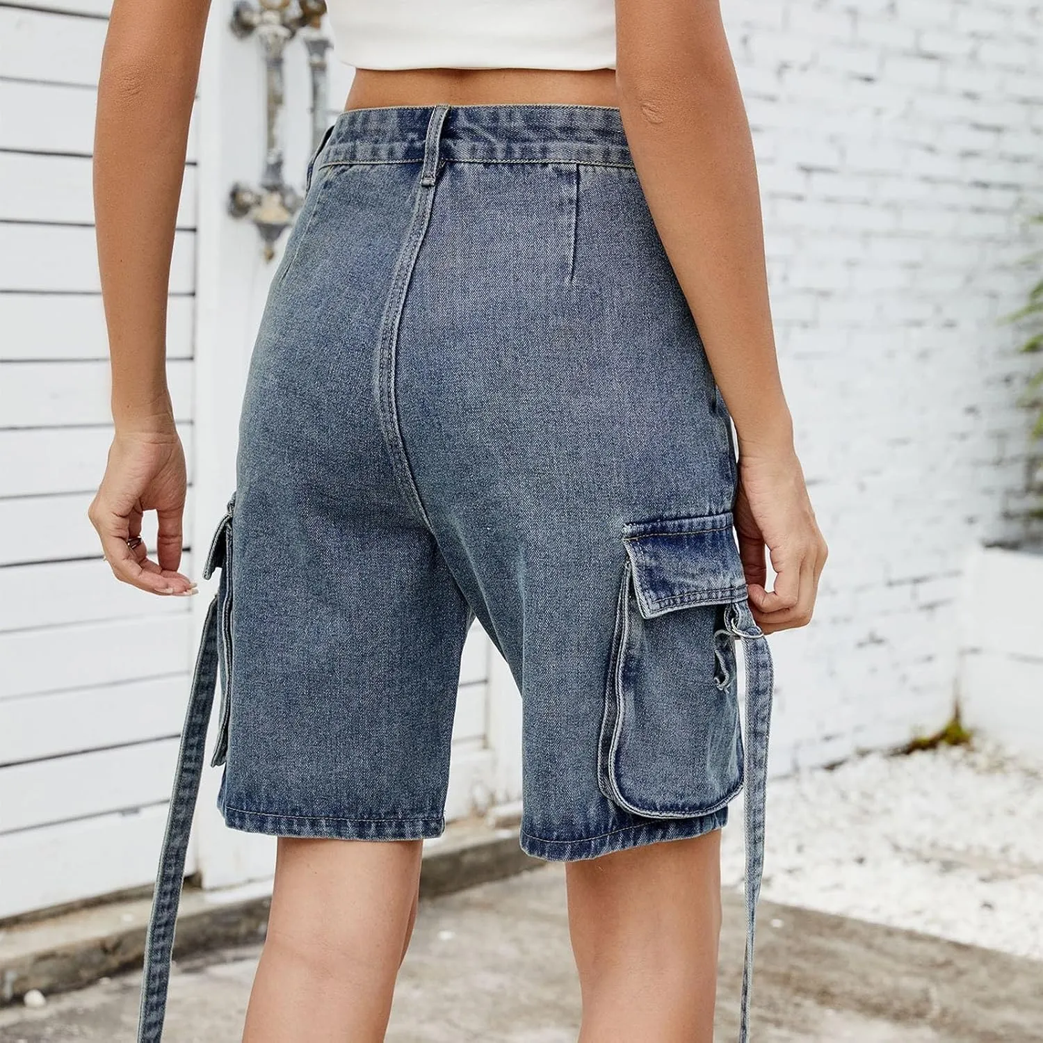 Womens 2025 Trendy High Waisted Denim Shorts Baggy Trendy Casual Y2k Streetwear Cargo Denim Bermuda Shorts Pockets