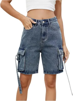 Womens 2025 Trendy High Waisted Denim Shorts Baggy Trendy Casual Y2k Streetwear Cargo Denim Bermuda Shorts Pockets