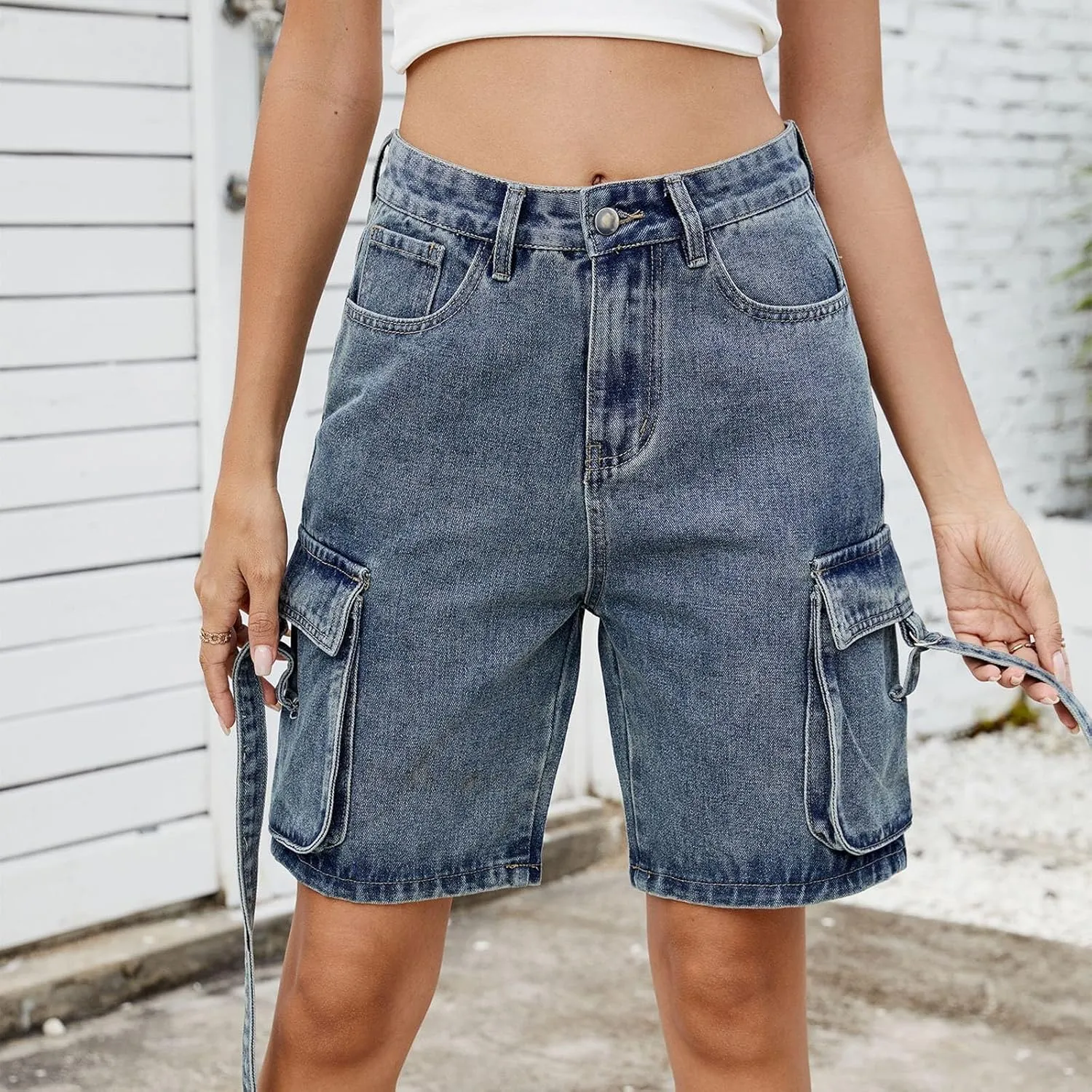 Womens 2025 Trendy High Waisted Denim Shorts Baggy Trendy Casual Y2k Streetwear Cargo Denim Bermuda Shorts Pockets