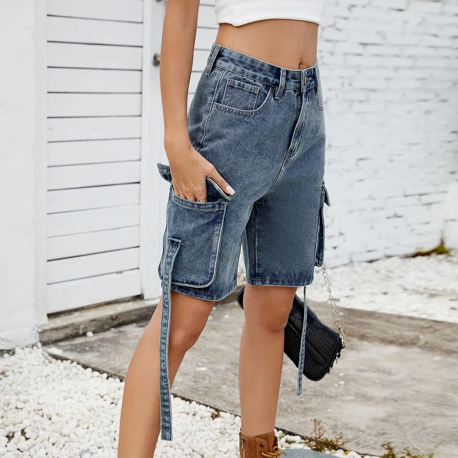 Womens 2025 Trendy High Waisted Denim Shorts Baggy Trendy Casual Y2k Streetwear Cargo Denim Bermuda Shorts Pockets