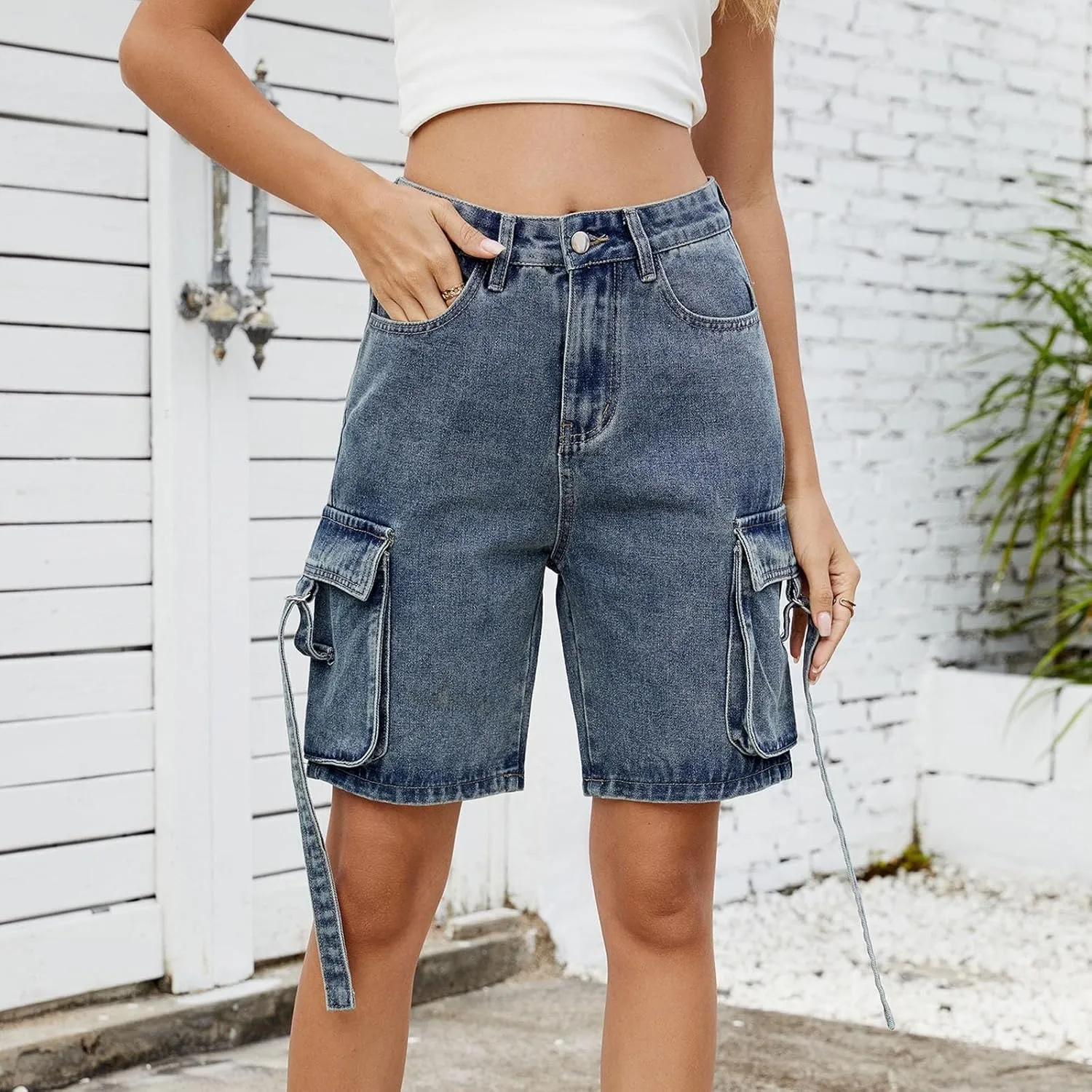 Womens 2025 Trendy High Waisted Denim Shorts Baggy Trendy Casual Y2k Streetwear Cargo Denim Bermuda Shorts Pockets