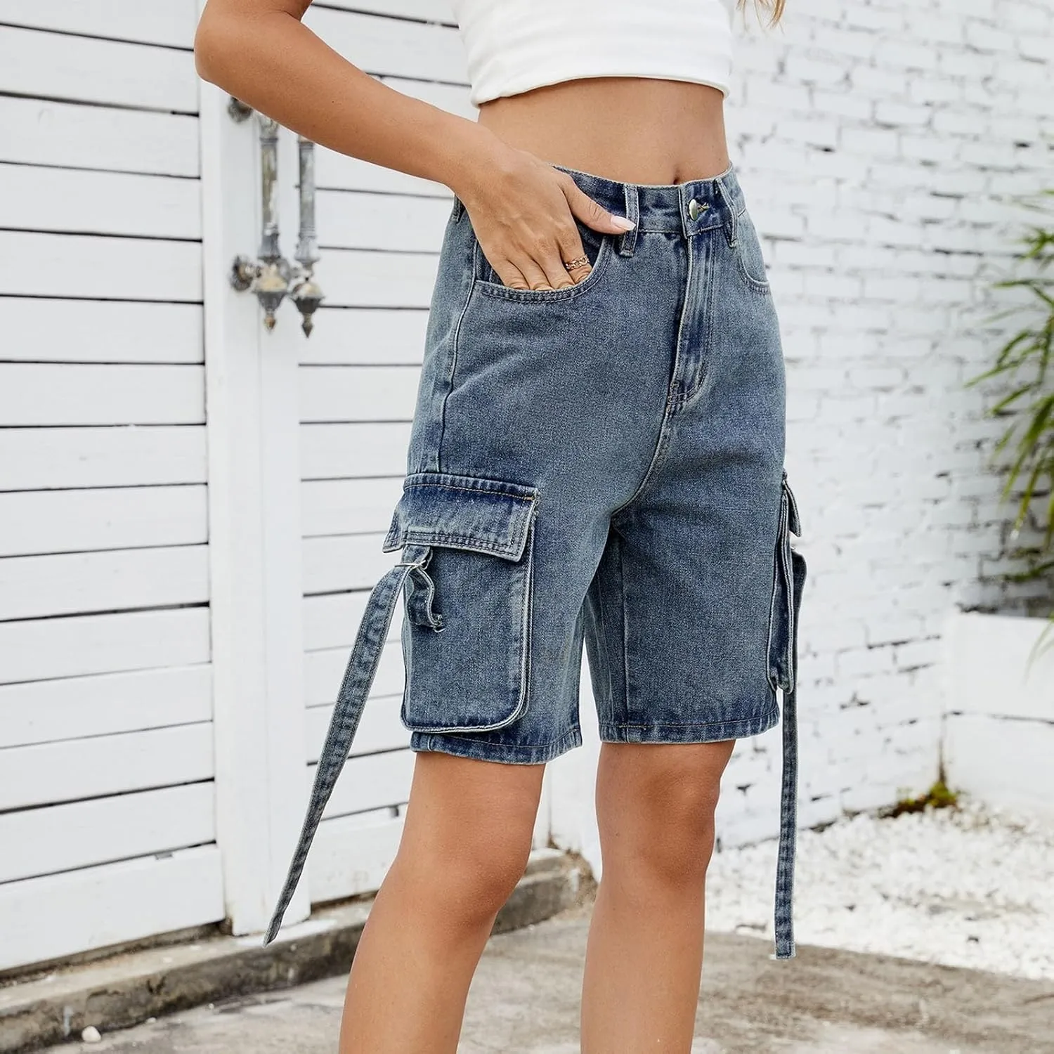 Womens 2025 Trendy High Waisted Denim Shorts Baggy Trendy Casual Y2k Streetwear Cargo Denim Bermuda Shorts Pockets