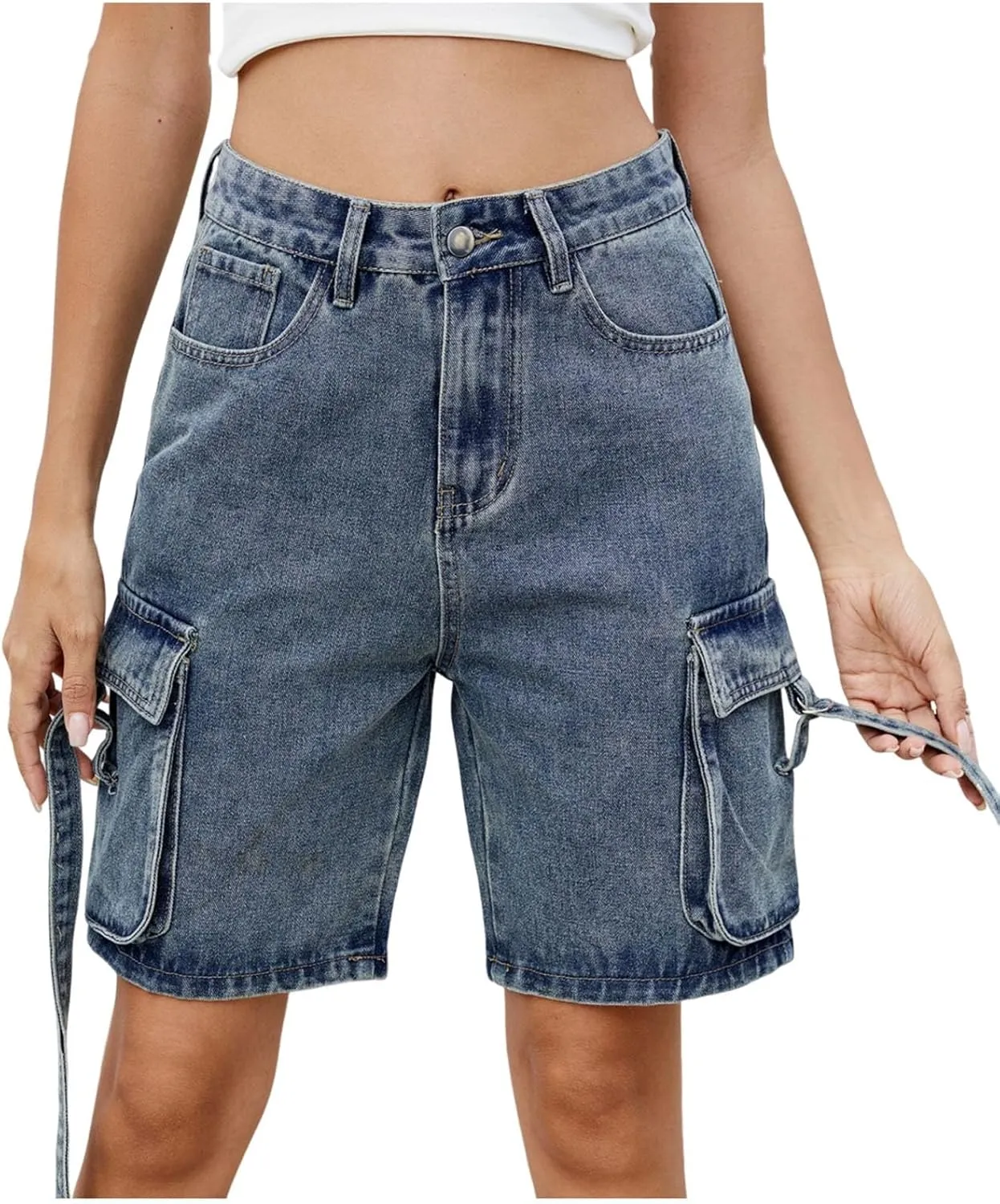 Womens 2025 Trendy High Waisted Denim Shorts Baggy Trendy Casual Y2k Streetwear Cargo Denim Bermuda Shorts Pockets