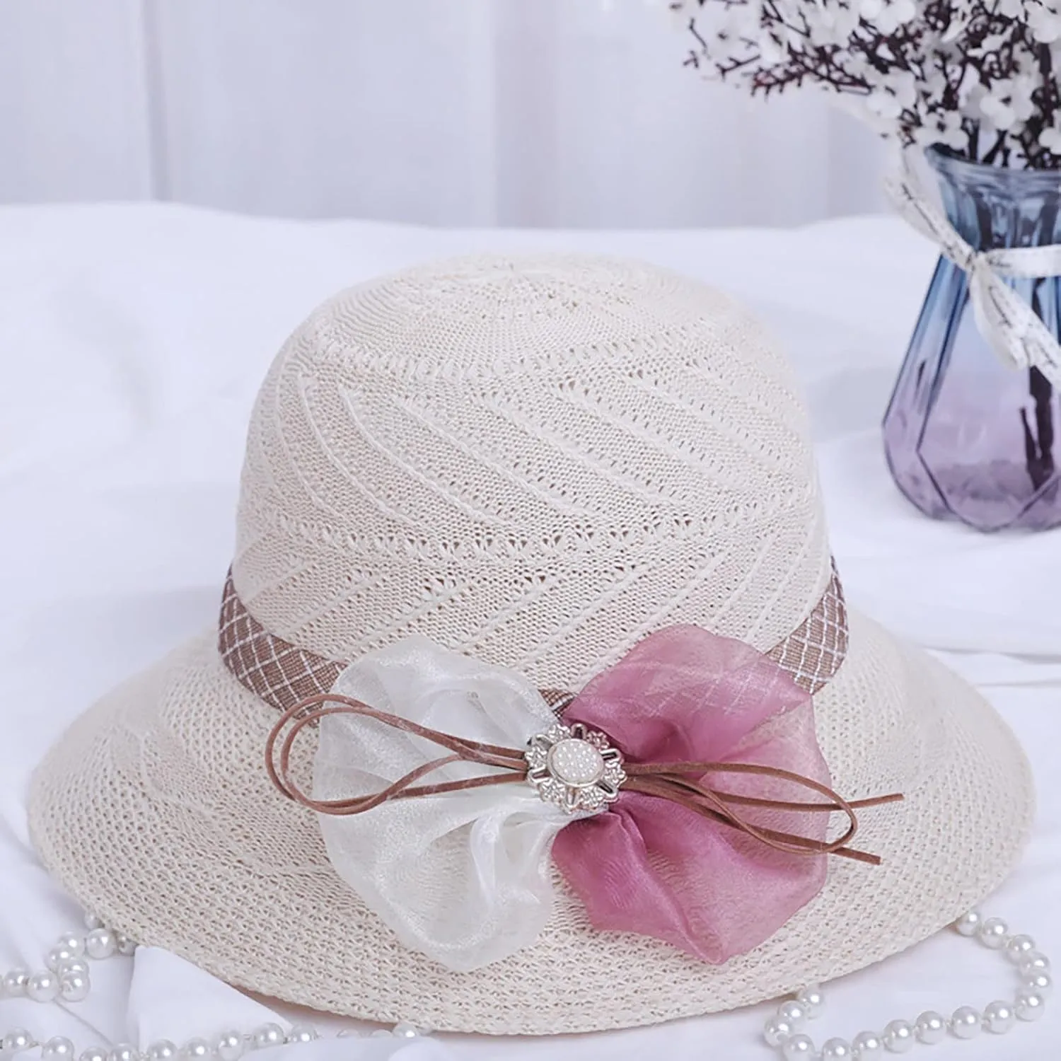 Women's Beach Straw Hat Sun Visor Hat for Women Panama Roll Up Hat Foldable Beach Sun Hat Straw Bucket Hat