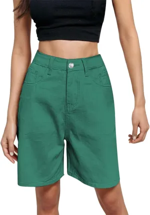 Womens Bermuda Shorts Casual Summer High Waisted Shorts Straight Leg Knee Length Jeans Twill Shorts with Pockets