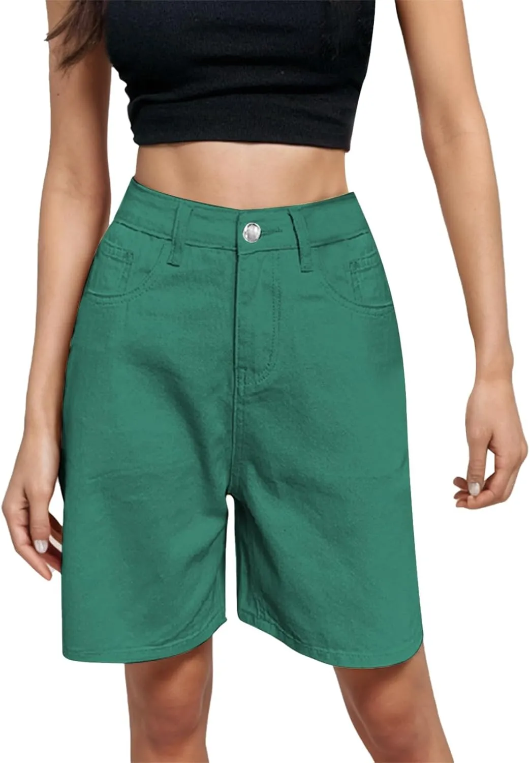 Womens Bermuda Shorts Casual Summer High Waisted Shorts Straight Leg Knee Length Jeans Twill Shorts with Pockets