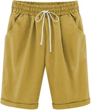 Womens Bermuda Shorts for Summer Knee Length Plus Size Shorts Elastic Waist Drawstring Linen Shorts with Pocket