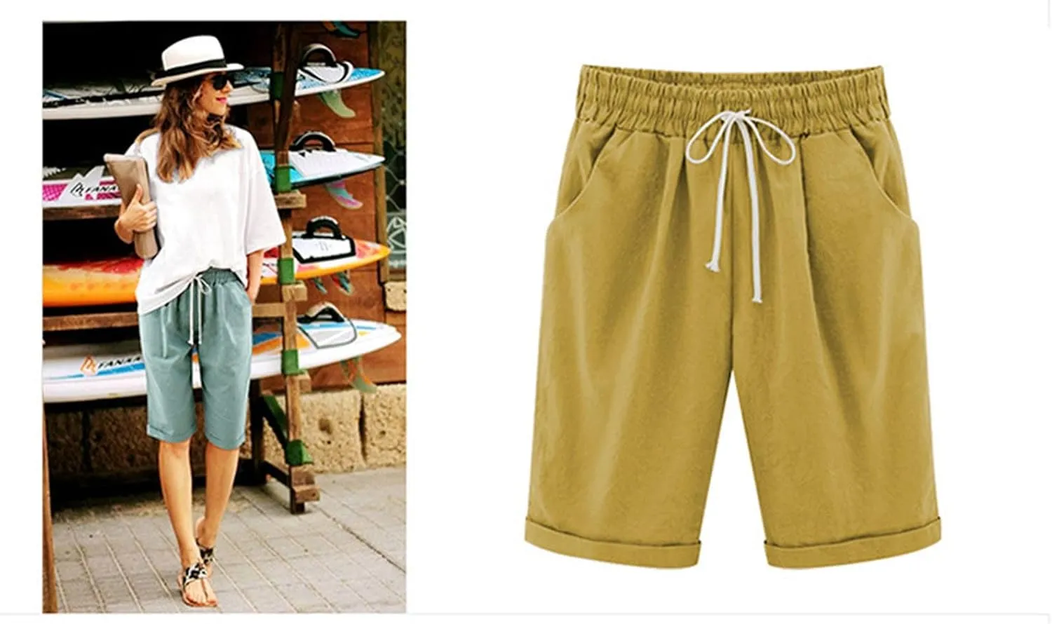 Womens Bermuda Shorts for Summer Knee Length Plus Size Shorts Elastic Waist Drawstring Linen Shorts with Pocket