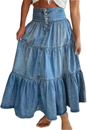 Women's Boho Denim Skirts High Waist A-Line Ruffled Pleated Layered Hippie Skirts
