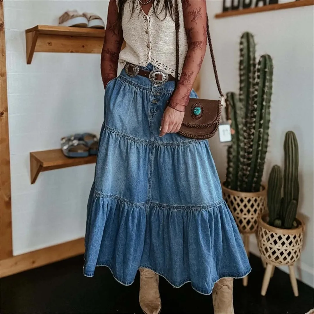 Women's Boho Denim Skirts High Waist A-Line Ruffled Pleated Layered Hippie Skirts