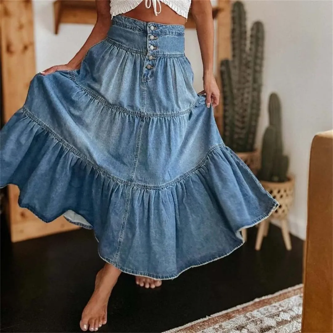 Women's Boho Denim Skirts High Waist A-Line Ruffled Pleated Layered Hippie Skirts