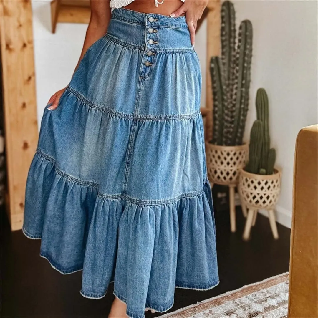 Women's Boho Denim Skirts High Waist A-Line Ruffled Pleated Layered Hippie Skirts