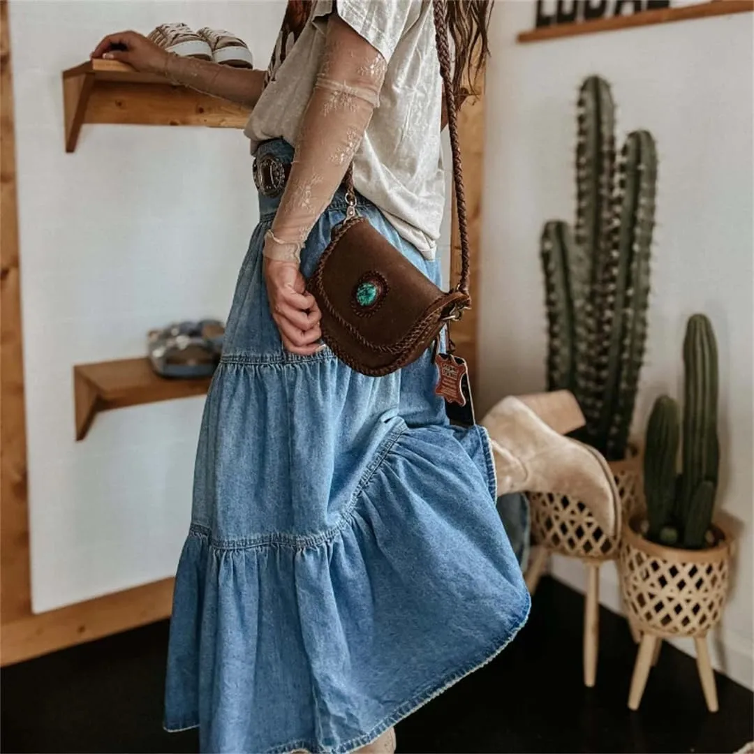 Women's Boho Denim Skirts High Waist A-Line Ruffled Pleated Layered Hippie Skirts