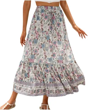 Womens Boho Floral Skirt Flowy High Waist A Line Maxi Skirts Casual Flowy Swing Pleated A Line Beach Long Skirt