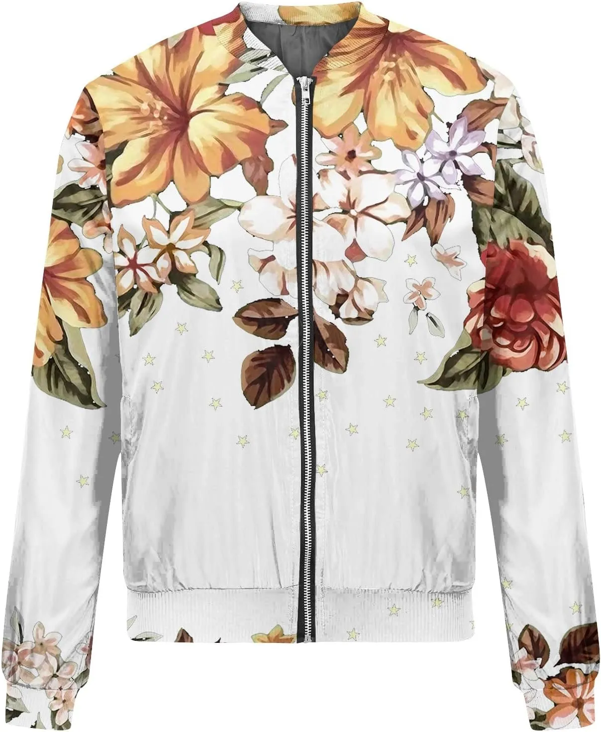 Women'S Bomber Jackets Lightweight Floral Printing Zip Up Long Sleeve Jacket With Pocket Fall Stand Collar Coat