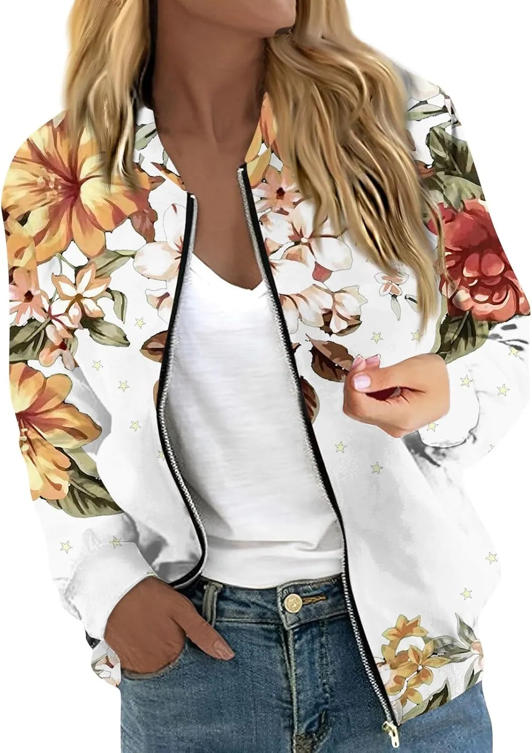 Women'S Bomber Jackets Lightweight Floral Printing Zip Up Long Sleeve Jacket With Pocket Fall Stand Collar Coat