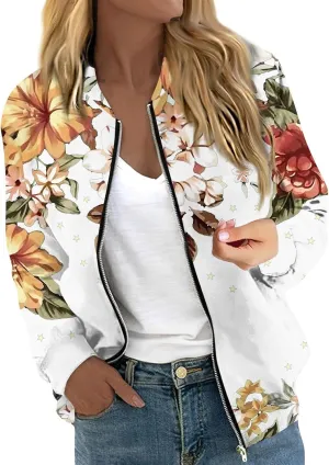 Women'S Bomber Jackets Lightweight Floral Printing Zip Up Long Sleeve Jacket With Pocket Fall Stand Collar Coat