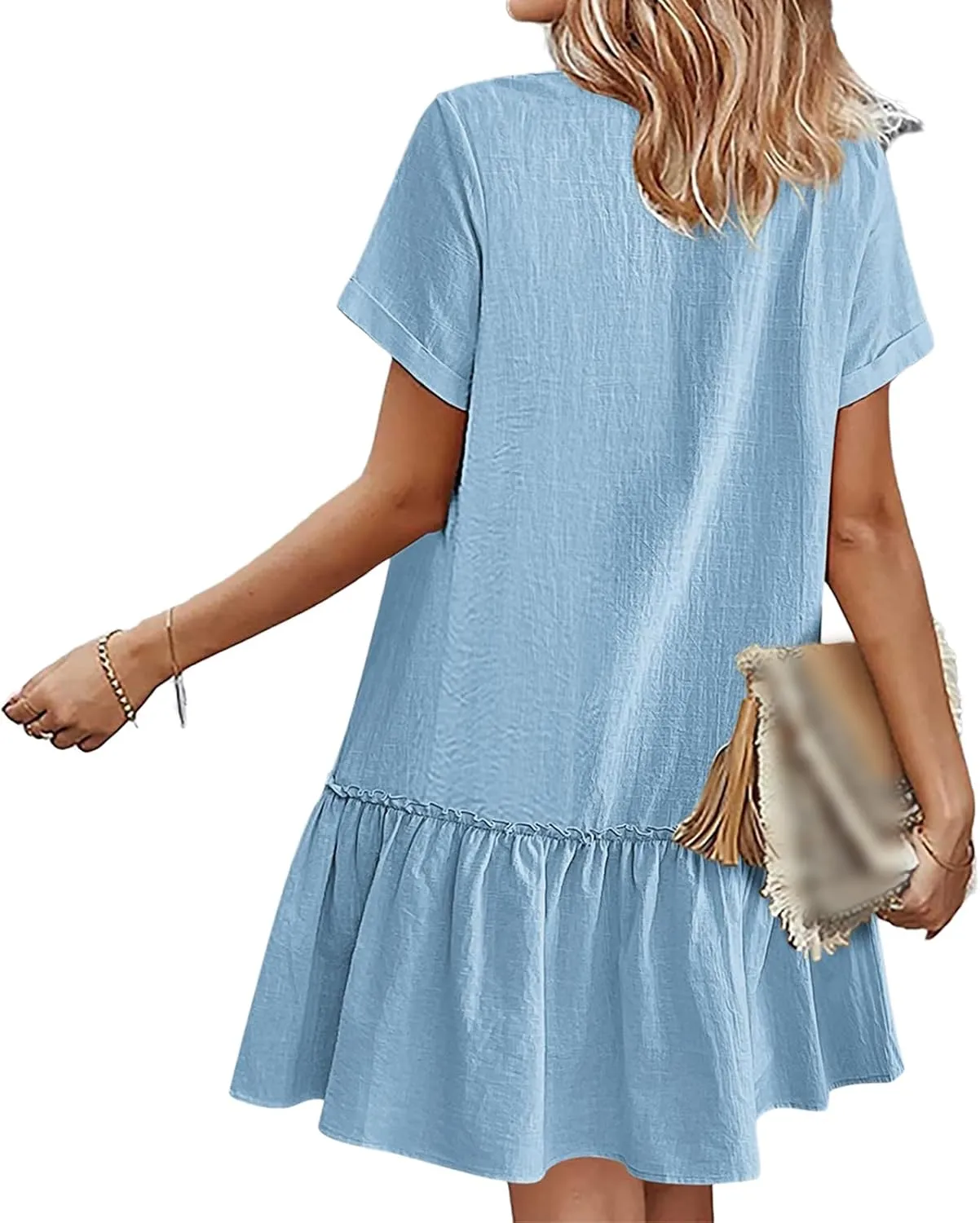 Womens Button Down Dress Short Sleeve Casual T Shirt Dreses Cotton Linen Ruffle Hem Casual Sundress