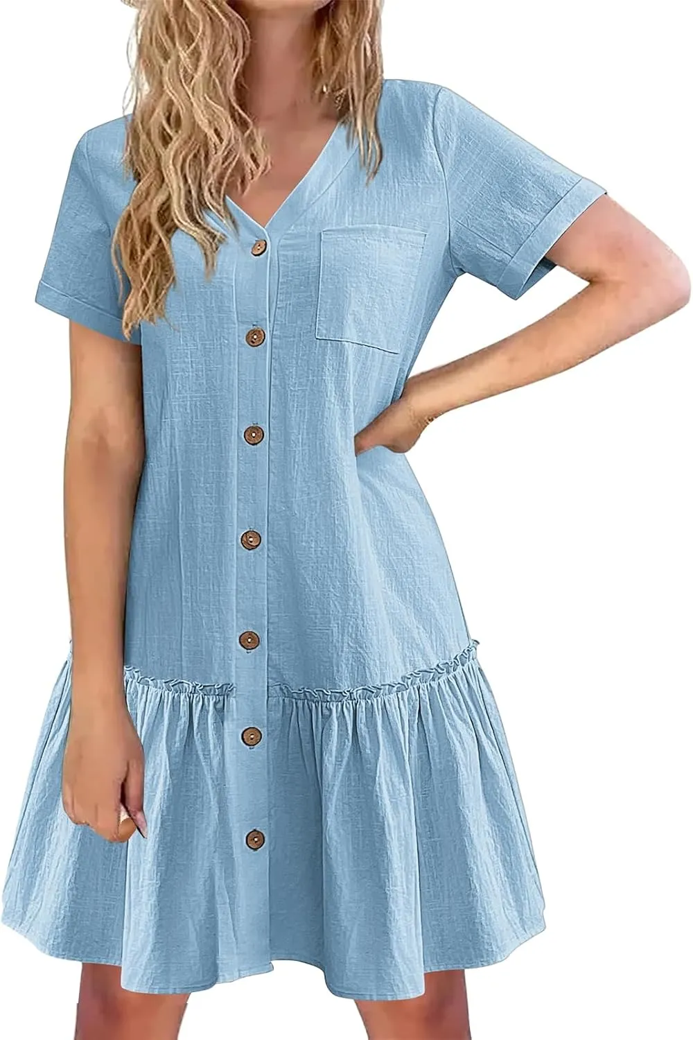 Womens Button Down Dress Short Sleeve Casual T Shirt Dreses Cotton Linen Ruffle Hem Casual Sundress