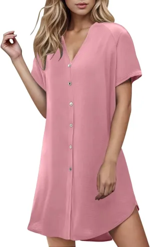 Womens Button Front V-Neck Casual Dress Short Sleeve Casual Mini Shirt Dresses Comfortable Soft Work Beach Sundress