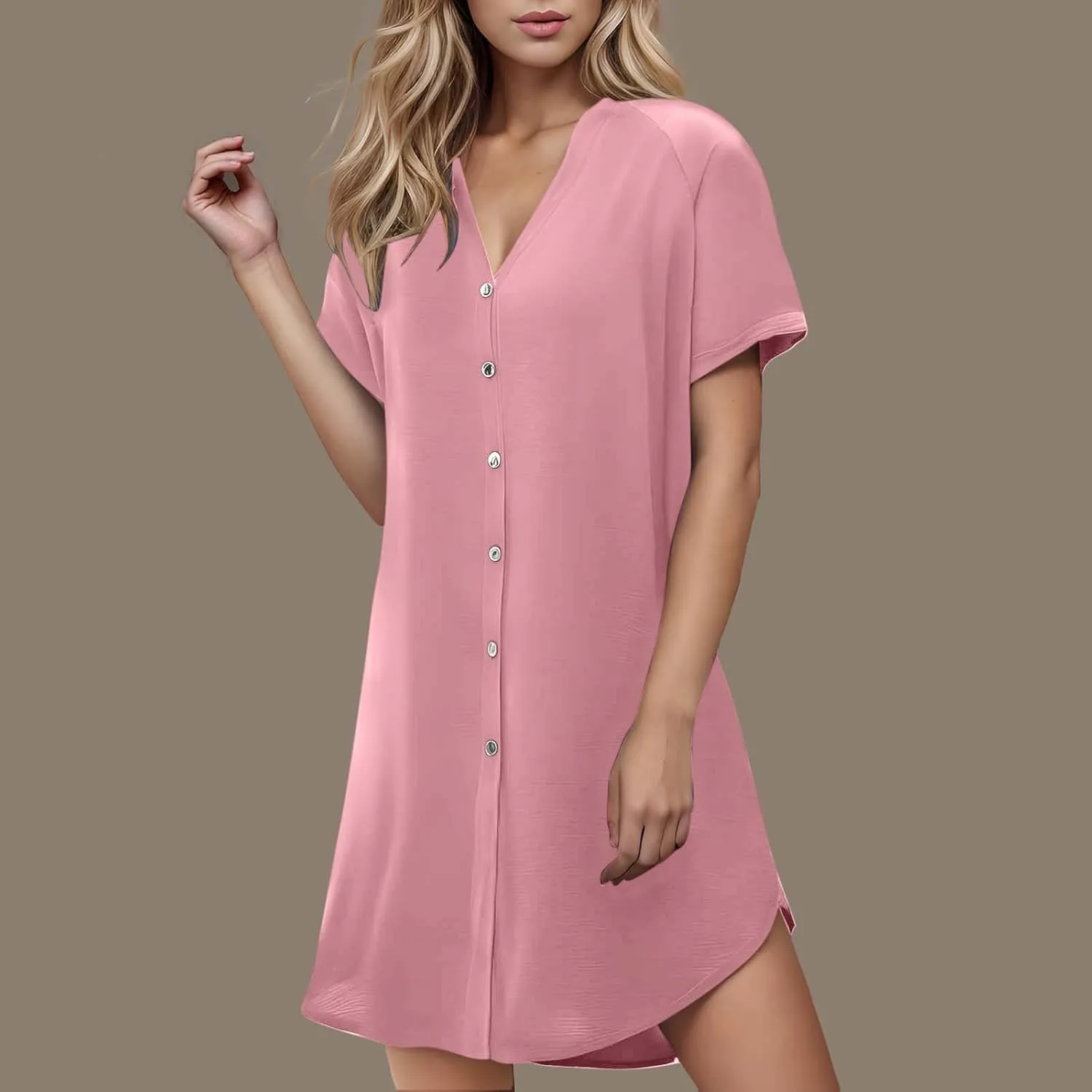 Womens Button Front V-Neck Casual Dress Short Sleeve Casual Mini Shirt Dresses Comfortable Soft Work Beach Sundress